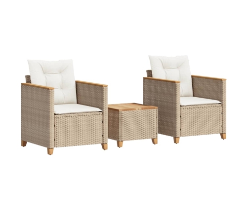 Mesita y sillas con cojines 3 pzas ratán PE madera acacia beige