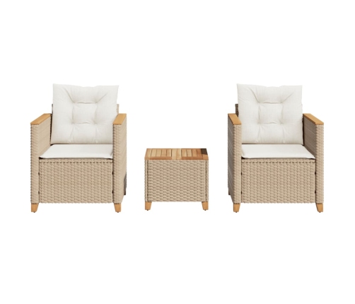 Mesita y sillas con cojines 3 pzas ratán PE madera acacia beige
