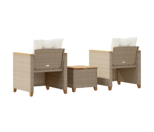Mesita y sillas con cojines 3 pzas ratán PE madera acacia beige