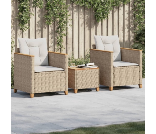 Mesita y sillas con cojines 3 pzas ratán PE madera acacia beige