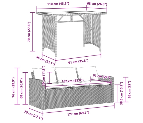 Set comedor de jardín 2 pzas con cojines ratán sintético beige