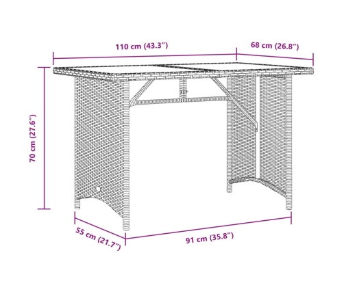 Mesa de jardín superficie de vidrio ratán PE negro 110x68x70 cm