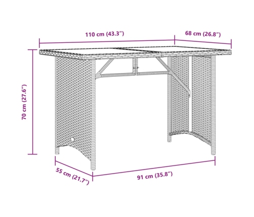 Mesa de jardín superficie vidrio ratán PE marrón 110x68x70 cm