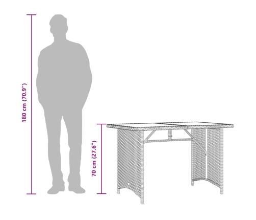 Mesa de jardín superficie vidrio ratán PE marrón 110x68x70 cm