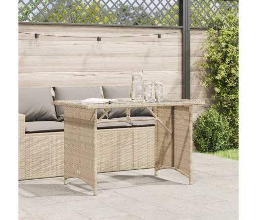 vidaXL Mesa de jardín superficie de vidrio ratán PE beige 110x68x70 cm