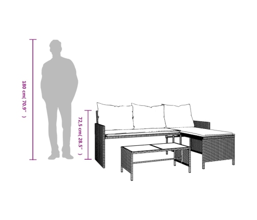 Sofá de jardín en forma de L con mesa y cojines ratán PE negro