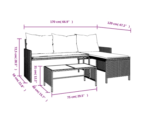 Sofá de jardín en forma de L con mesa y cojines ratán PE beige