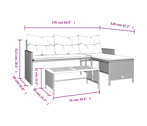 Sofá de jardín en forma de L con mesa y cojines ratán PE beige