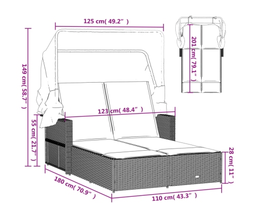 Tumbona doble con capota y cojines ratán sintético marrón