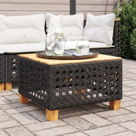 Mesa de jardín ratán PE y madera acacia negro 55x55x36 cm