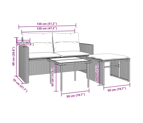 Set sofás de jardín 3 piezas y cojines ratán sintético marrón