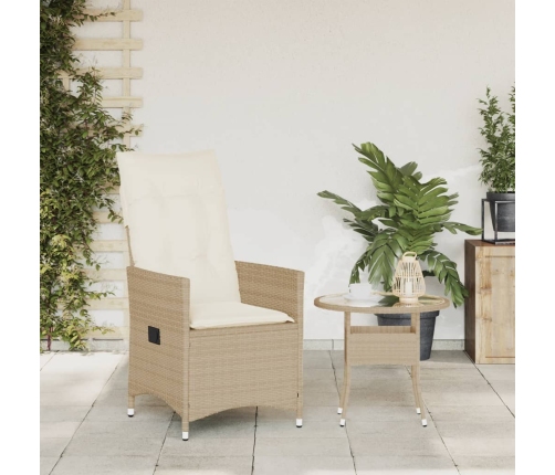 Silla de jardín reclinable con cojines ratán sintético beige