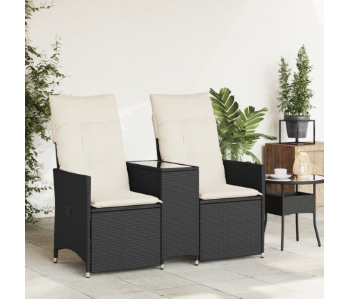 Sofá de jardín reclinable de 2 plazas con mesa ratán PE negro