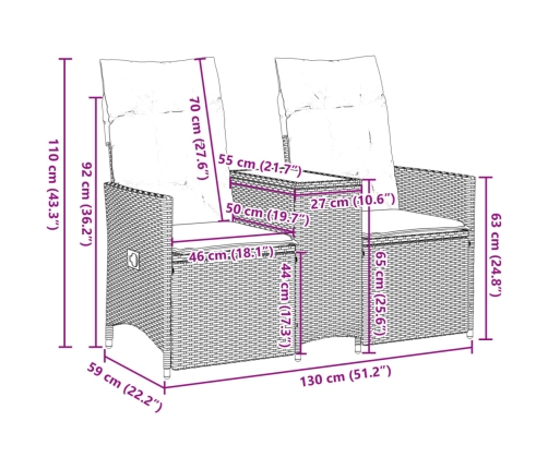Sofá de jardín reclinable de 2 plazas con mesa ratán PE negro