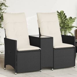 Sofá de jardín reclinable de 2 plazas con mesa ratán PE negro