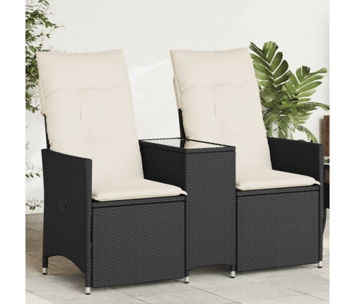 Sofá de jardín reclinable de 2 plazas con mesa ratán PE negro