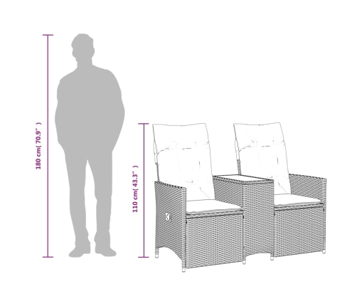 Sofá de jardín reclinable de 2 plazas con mesa ratán PE beige