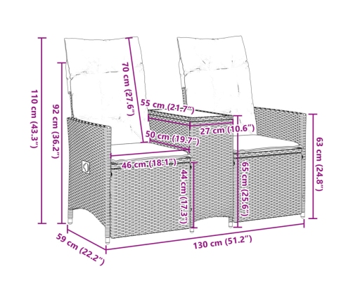 Sofá de jardín reclinable de 2 plazas con mesa ratán PE beige