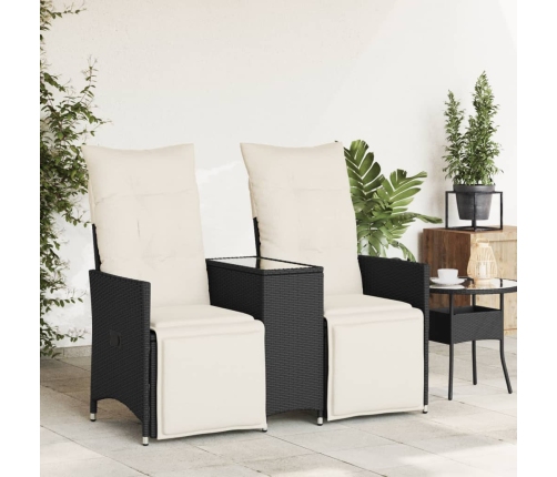 Sofá de jardín reclinable de 2 plazas con mesa ratán PE negro