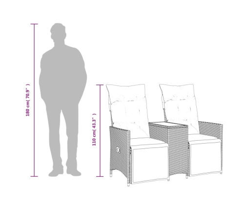 Sofá de jardín reclinable de 2 plazas con mesa ratán PE marrón