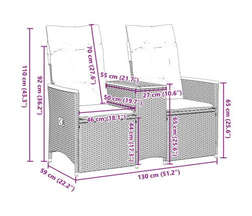 Sofá de jardín reclinable de 2 plazas con mesa ratán PE negro