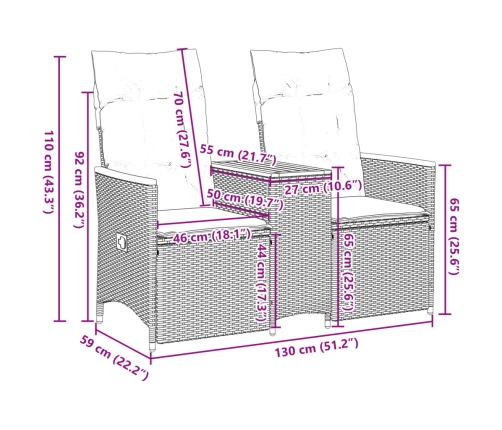 Sofá de jardín reclinable de 2 plazas con mesa ratán PE gris