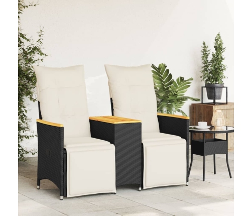 Sofá de jardín reclinable de 2 plazas con mesa ratán PE negro