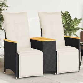 Sofá de jardín reclinable de 2 plazas con mesa ratán PE negro