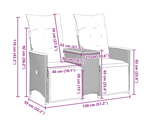 Sofá de jardín reclinable de 2 plazas con mesa ratán PE gris