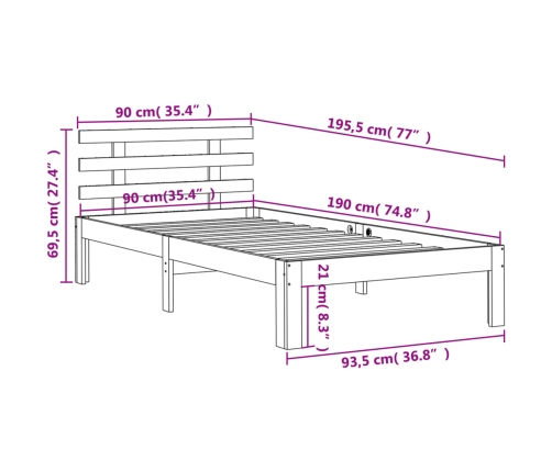 Estructura de cama sin colchón madera maciza marrón 90x190 cm