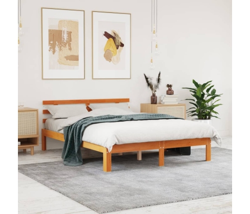 Cama sin colchón madera maciza de pino marrón cera 140x190 cm