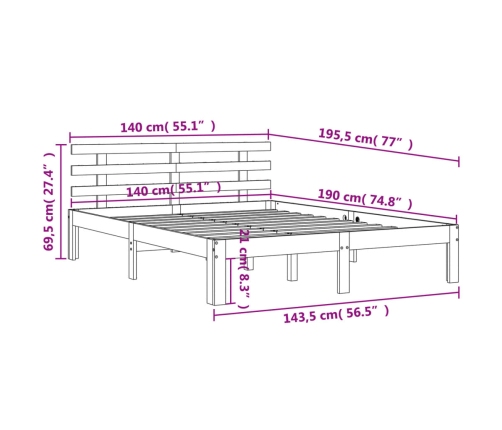 Cama sin colchón madera maciza de pino marrón cera 140x190 cm