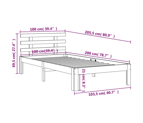 Cama sin colchón madera maciza de pino marrón cera 100x200 cm