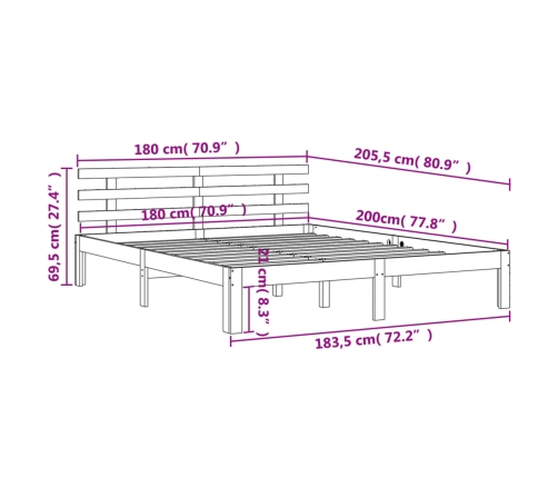 Cama sin colchón madera maciza de pino marrón cera 180x200 cm