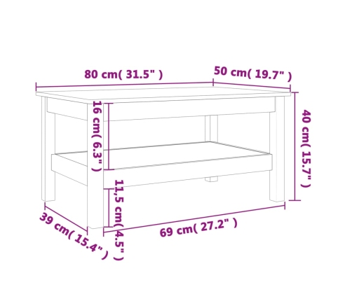 Mesa de centro madera maciza de pino marrón cera 80x50x40 cm