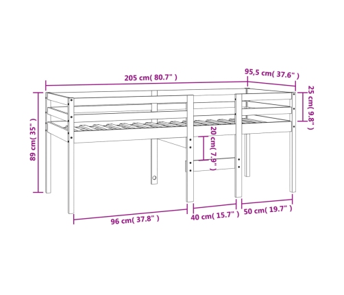 Cama alta madera maciza de pino marrón cera 90x200 cm