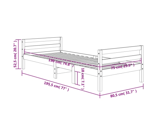 Estructura de cama sin colchón madera maciza marrón 75x190 cm