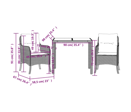 Set comedor de jardín 3 pzas con cojines ratán sintético negro