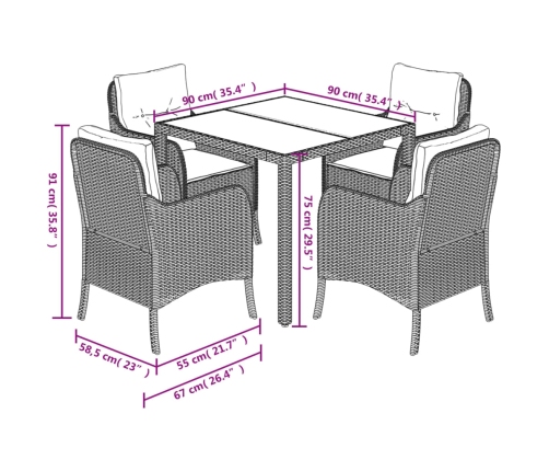 Set de muebles jardín 5 pzas con cojines ratán sintético negro