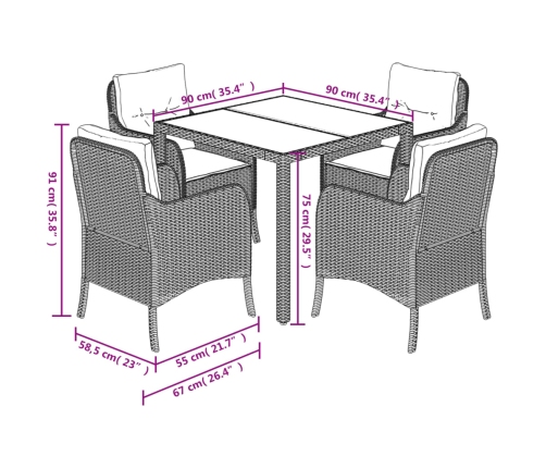Set comedor de jardín 5 piezas con cojines ratán sintético gris