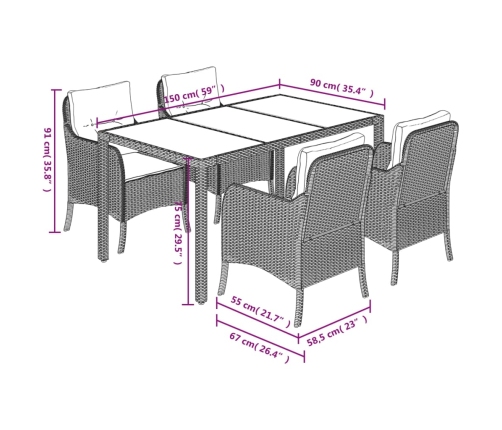 Set comedor de jardín 5 piezas con cojines ratán sintético gris