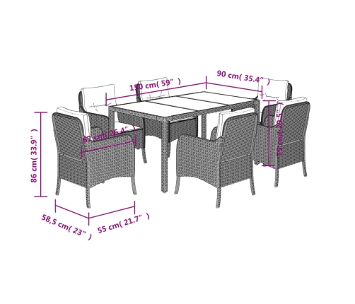 Set comedor jardín 7 pzas y cojines ratán sintético gris