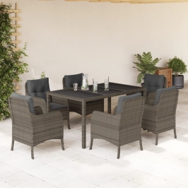 Set comedor jardín 7 pzas y cojines ratán sintético gris