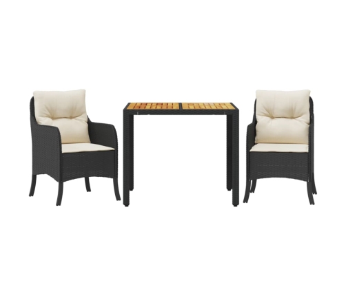 Set comedor de jardín 3 pzas con cojines ratán sintético negro