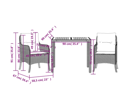 Set comedor de jardín 3 pzas con cojines ratán sintético negro