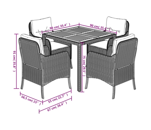 Set de muebles jardín 5 pzas con cojines ratán sintético negro