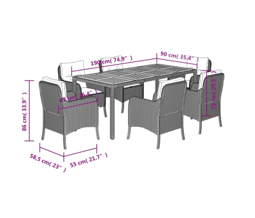 Set de comedor de jardín 7 pzas y cojines ratán sintético negro