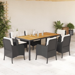 Set de comedor de jardín 7 pzas y cojines ratán sintético negro