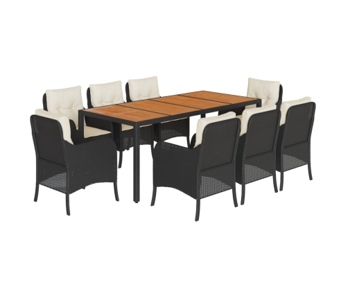 Set de comedor de jardín 9 pzas y cojines ratán sintético negro