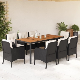 Set de comedor de jardín 9 pzas y cojines ratán sintético negro